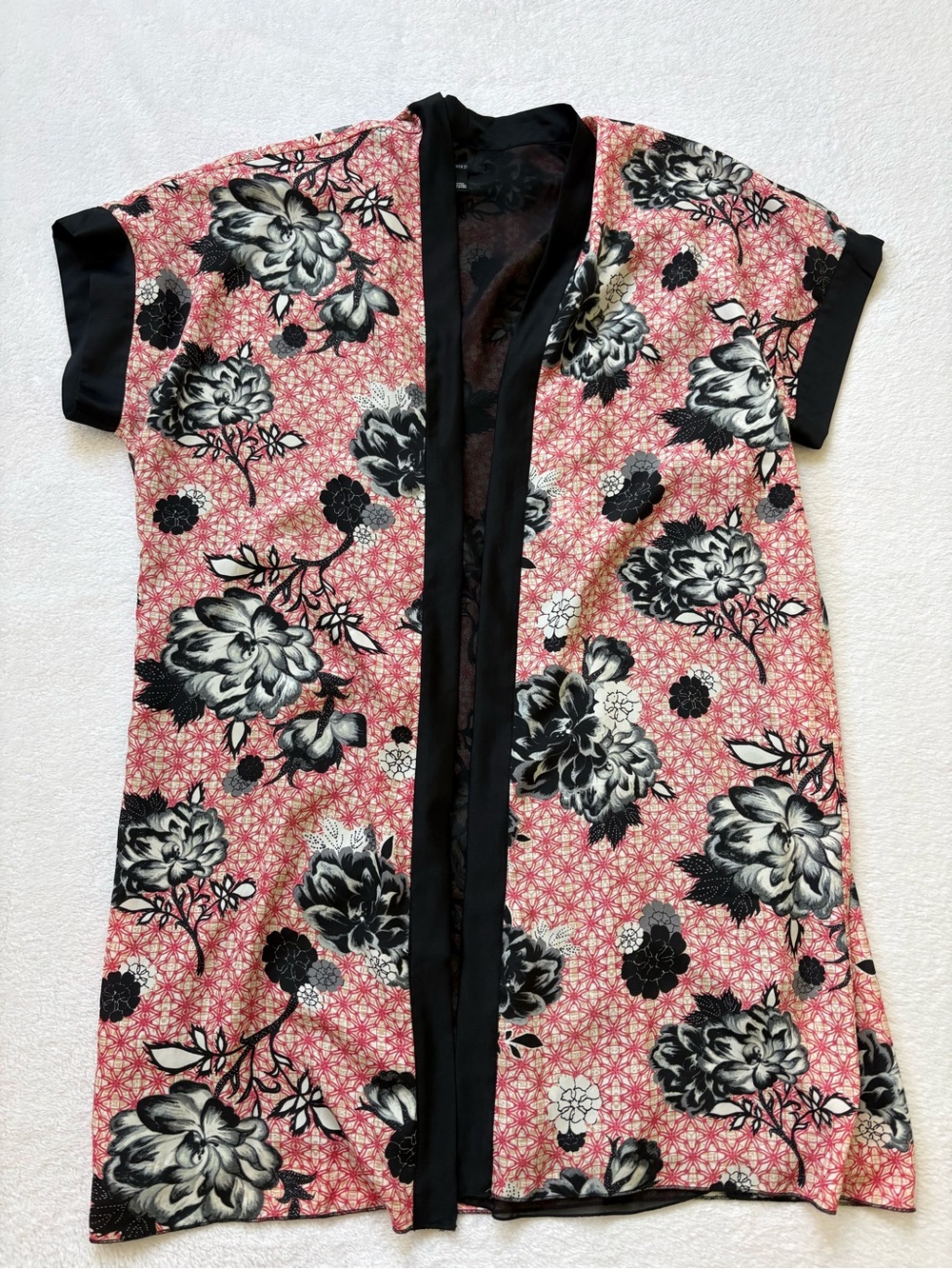 Forever 21 Black-Trim Pink Floral Sheer Kimono